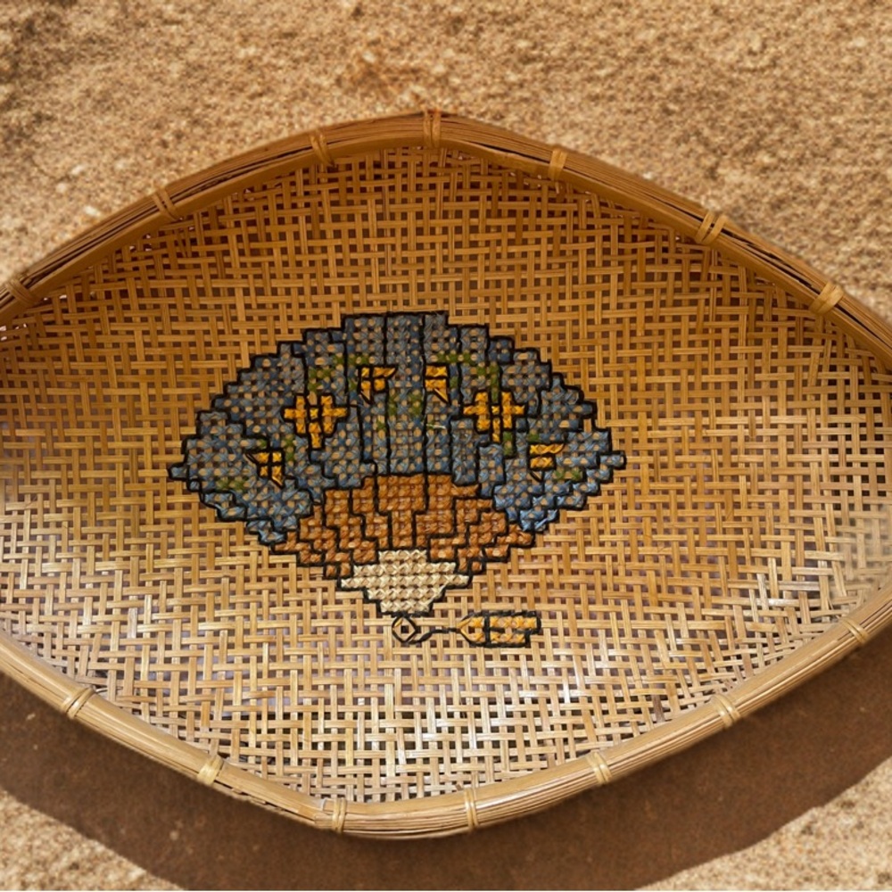 Handcrafted Woven Basket with Blue and Brown Fan.